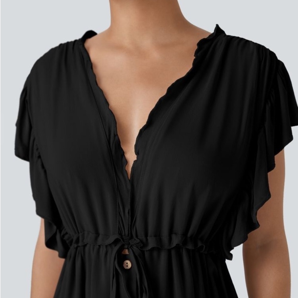 HALARA Deep V Neck Butterfly Sleeve Drawstring Pocket Flowy Maxi Casual Dress - Picture 3 of 7